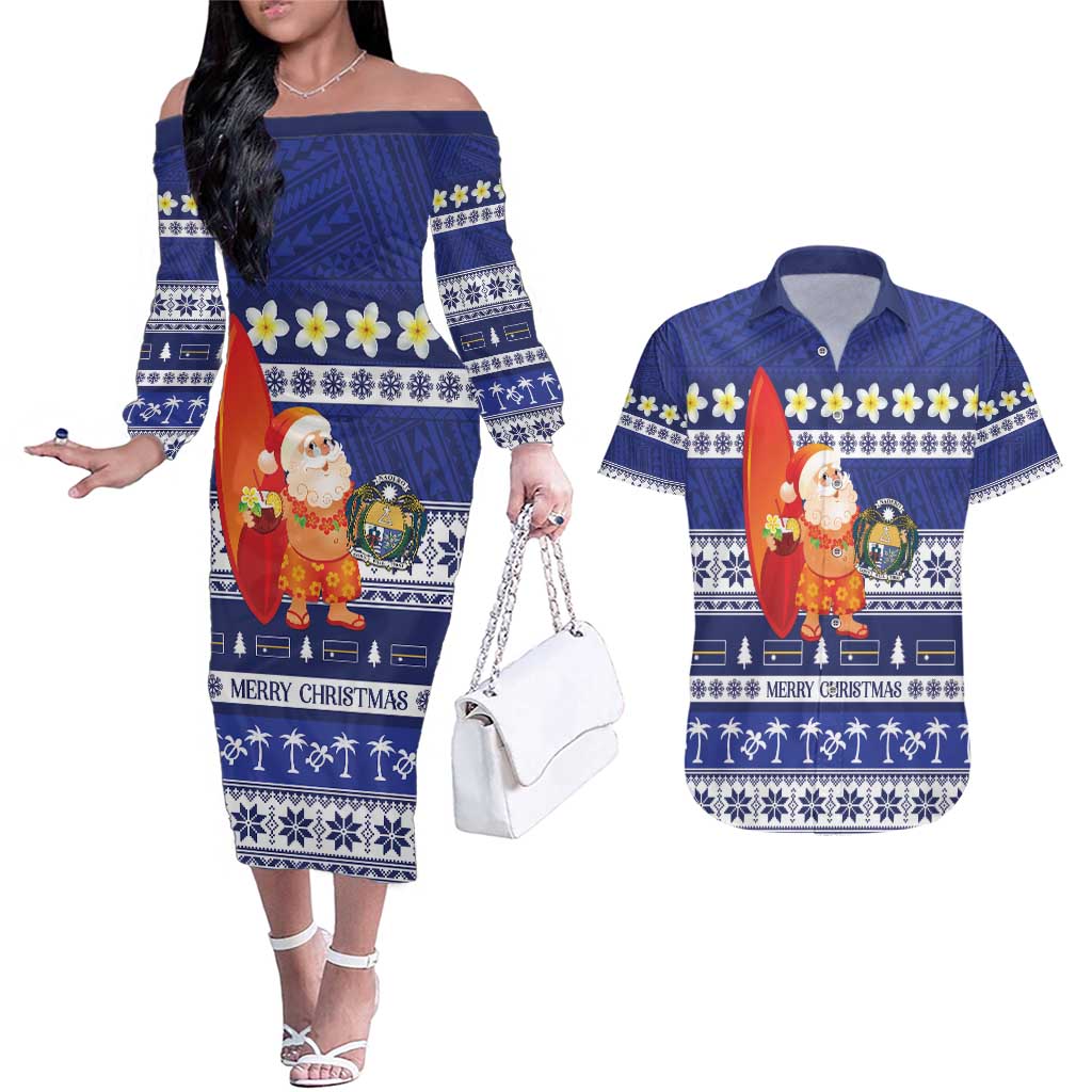 Nauru Christmas Couples Matching Off The Shoulder Long Sleeve Dress and Hawaiian Shirt Cute Santa Coat Of Arms Merry Xmas - Polynesian Pride