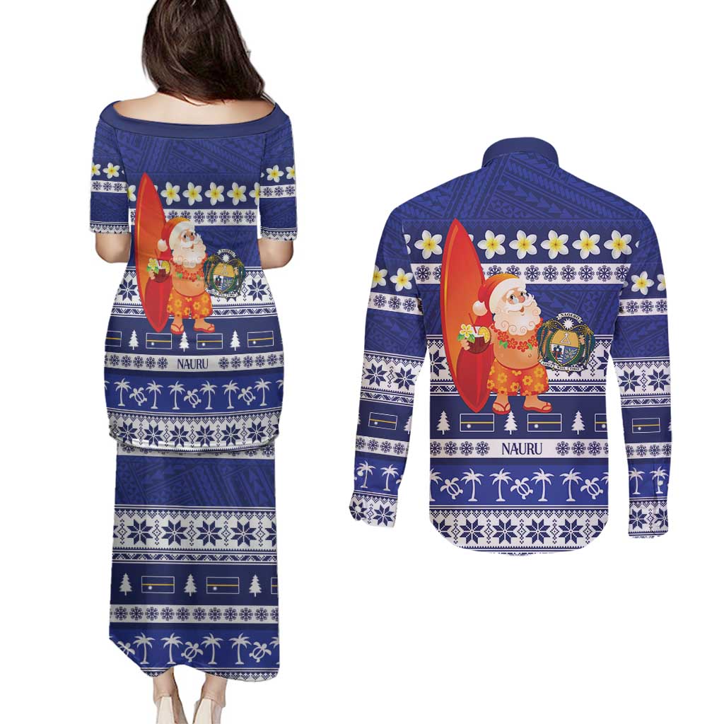 Nauru Christmas Couples Matching Puletasi and Long Sleeve Button Shirt Cute Santa Coat Of Arms Merry Xmas LT14 - Polynesian Pride