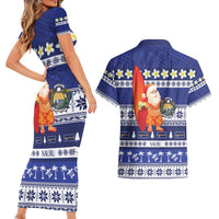 Nauru Christmas Couples Matching Short Sleeve Bodycon Dress and Hawaiian Shirt Cute Santa Coat Of Arms Merry Xmas LT14 - Polynesian Pride