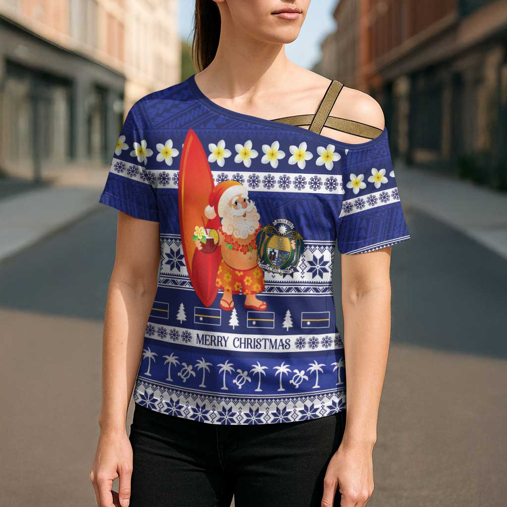 Nauru Christmas Cross Shoulder Shirt Cute Santa Coat Of Arms Merry Xmas LT14 - Polynesian Pride