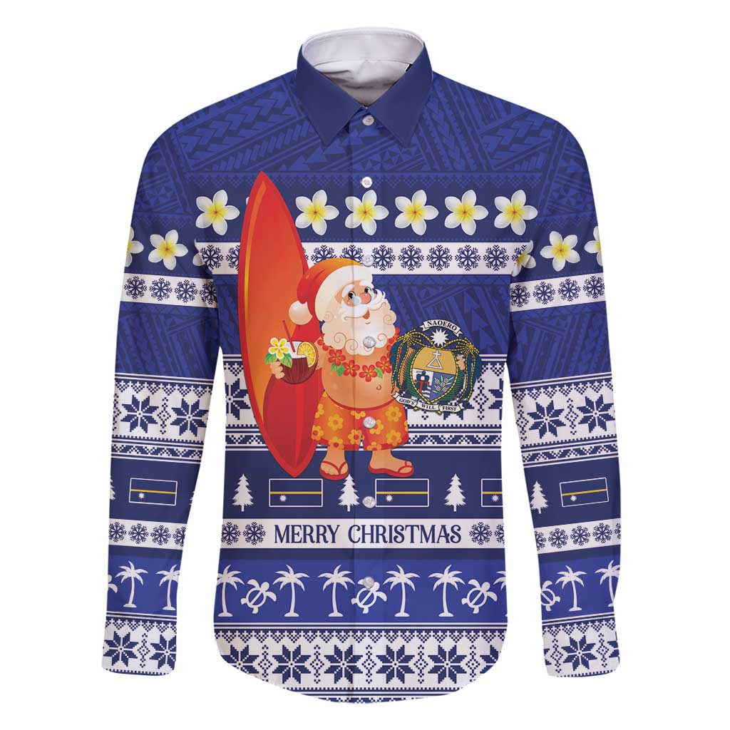 Nauru Christmas Family Matching Long Sleeve Bodycon Dress and Hawaiian Shirt Cute Santa Coat Of Arms Merry Xmas LT14 Dad's Shirt - Long Sleeve Navy Blue - Polynesian Pride