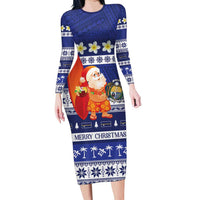 Nauru Christmas Family Matching Long Sleeve Bodycon Dress and Hawaiian Shirt Cute Santa Coat Of Arms Merry Xmas LT14 Mom's Dress Navy Blue - Polynesian Pride