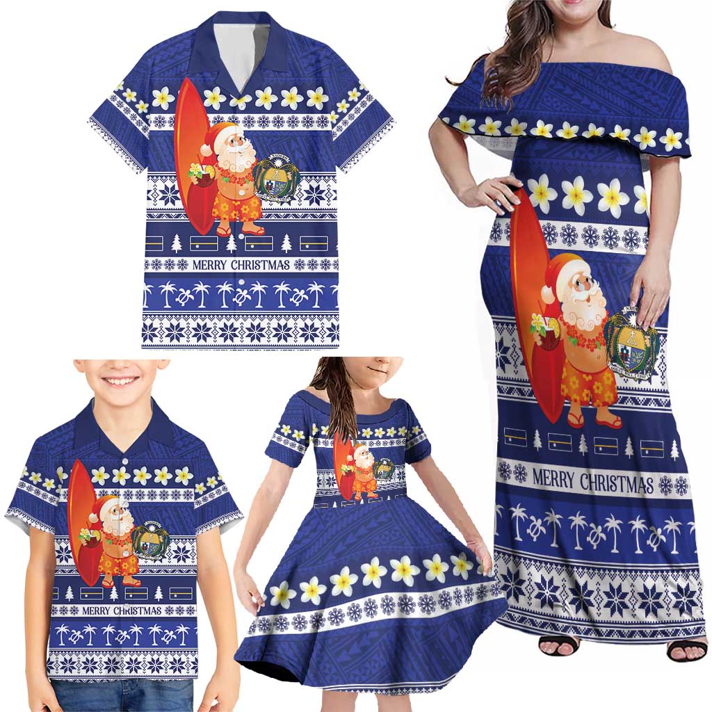 Nauru Christmas Family Matching Off Shoulder Maxi Dress and Hawaiian Shirt Cute Santa Coat Of Arms Merry Xmas - Polynesian Pride