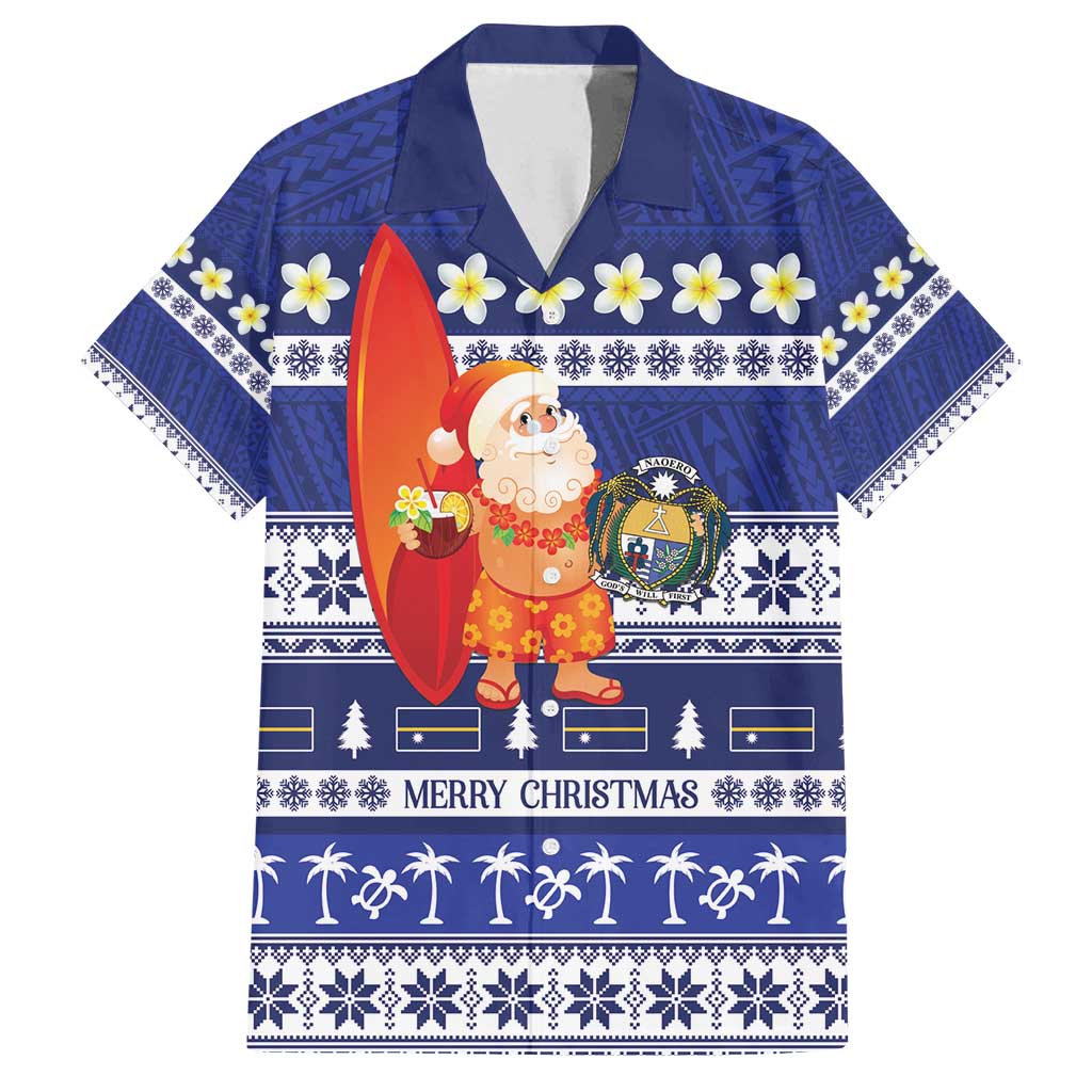 Nauru Christmas Family Matching Off Shoulder Short Dress and Hawaiian Shirt Cute Santa Coat Of Arms Merry Xmas - Polynesian Pride