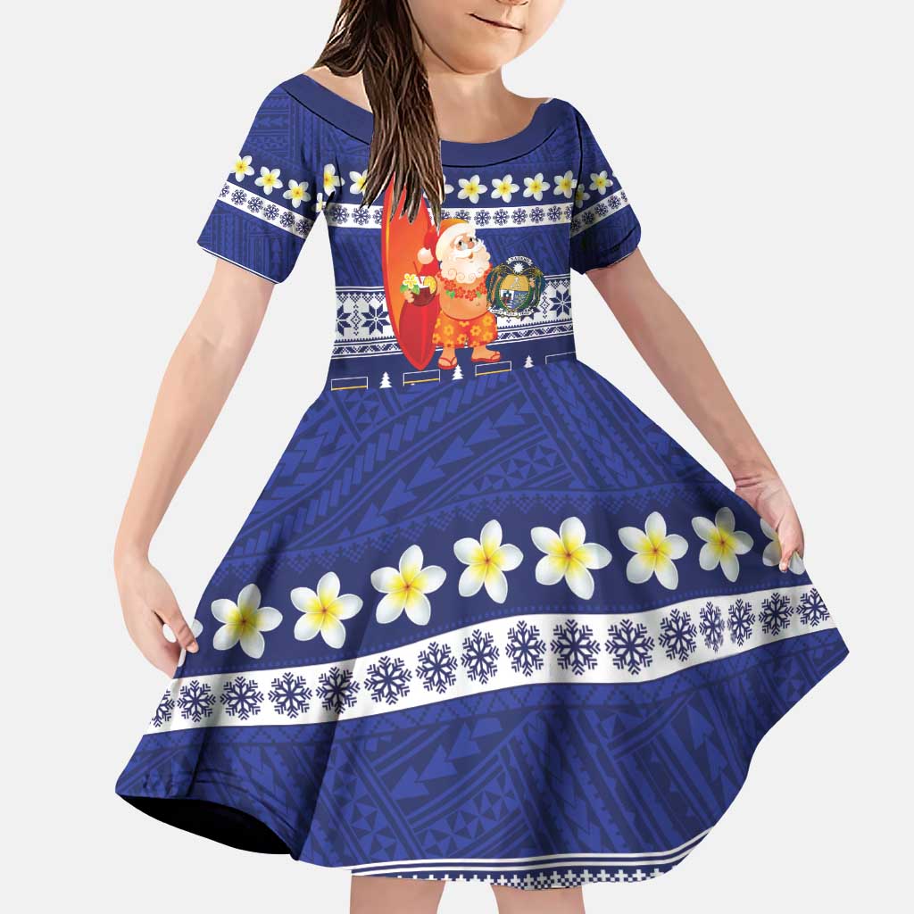 Nauru Christmas Family Matching Puletasi and Hawaiian Shirt Cute Santa Coat Of Arms Merry Xmas LT14 Daughter's Dress Navy Blue - Polynesian Pride