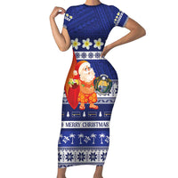 Nauru Christmas Family Matching Short Sleeve Bodycon Dress and Hawaiian Shirt Cute Santa Coat Of Arms Merry Xmas LT14 Mom's Dress Navy Blue - Polynesian Pride