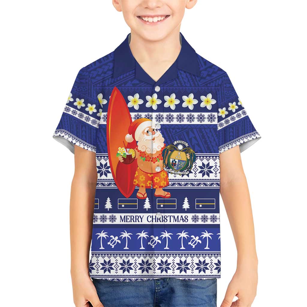 Nauru Christmas Family Matching Tank Maxi Dress and Hawaiian Shirt Cute Santa Coat Of Arms Merry Xmas LT14 Son's Shirt Navy Blue - Polynesian Pride