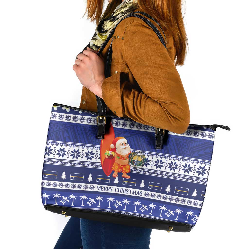 Nauru Christmas Leather Tote Bag Cute Santa Coat Of Arms Merry Xmas LT14 Navy Blue - Polynesian Pride