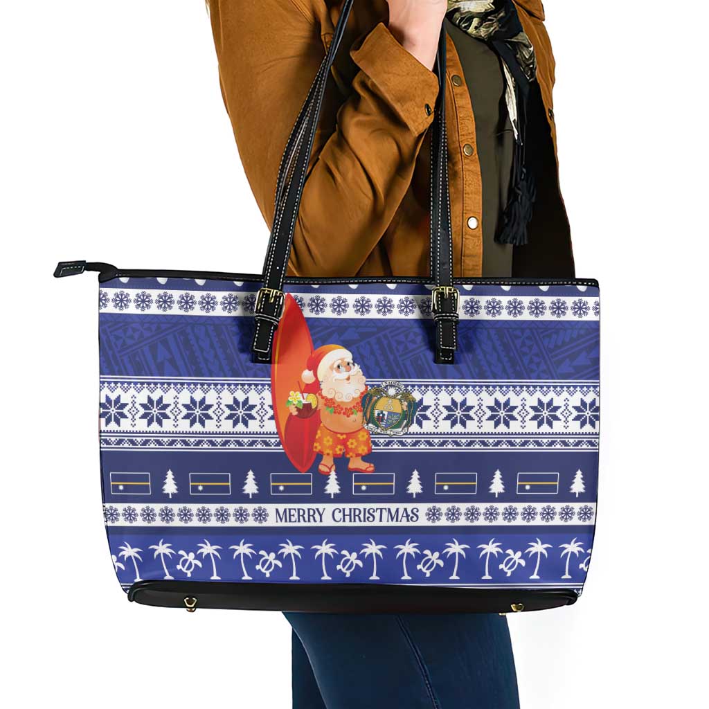 Nauru Christmas Leather Tote Bag Cute Santa Coat Of Arms Merry Xmas LT14 - Polynesian Pride