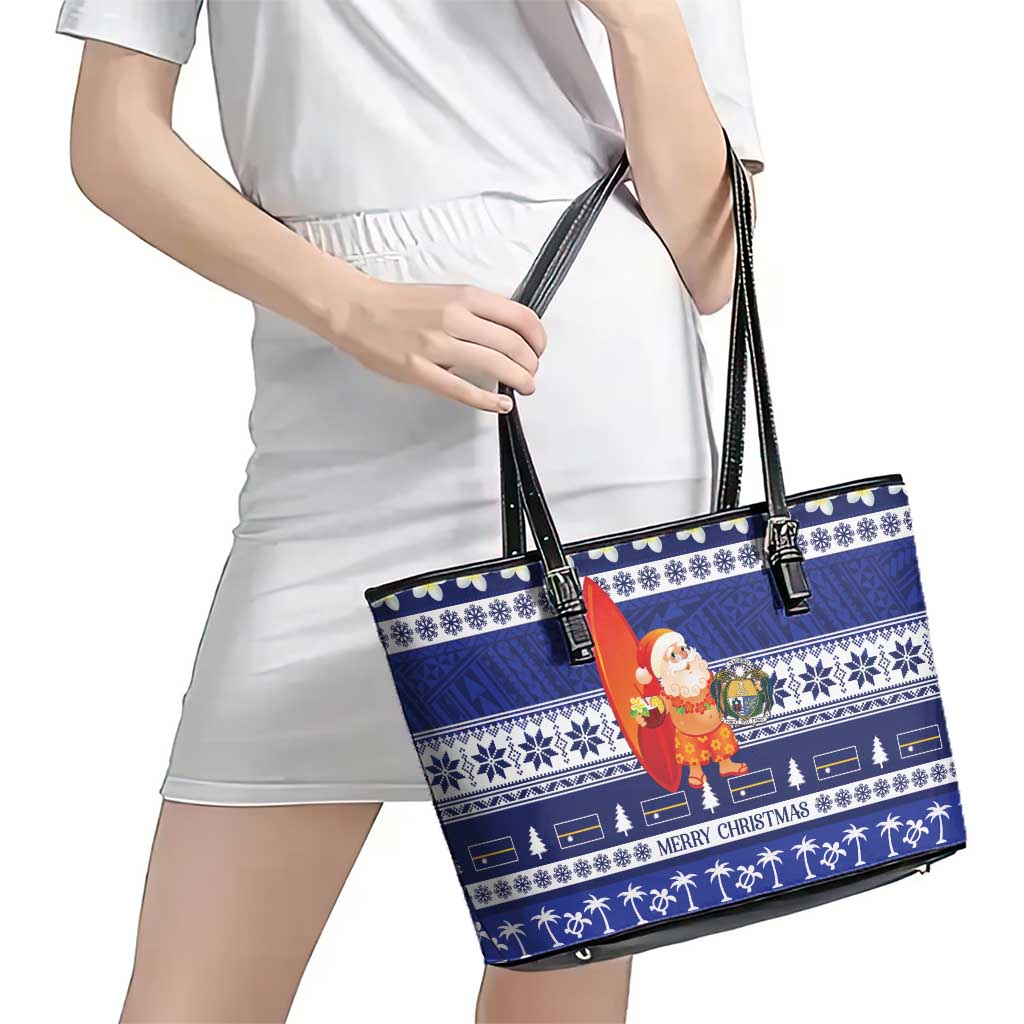 Nauru Christmas Leather Tote Bag Cute Santa Coat Of Arms Merry Xmas LT14 - Polynesian Pride