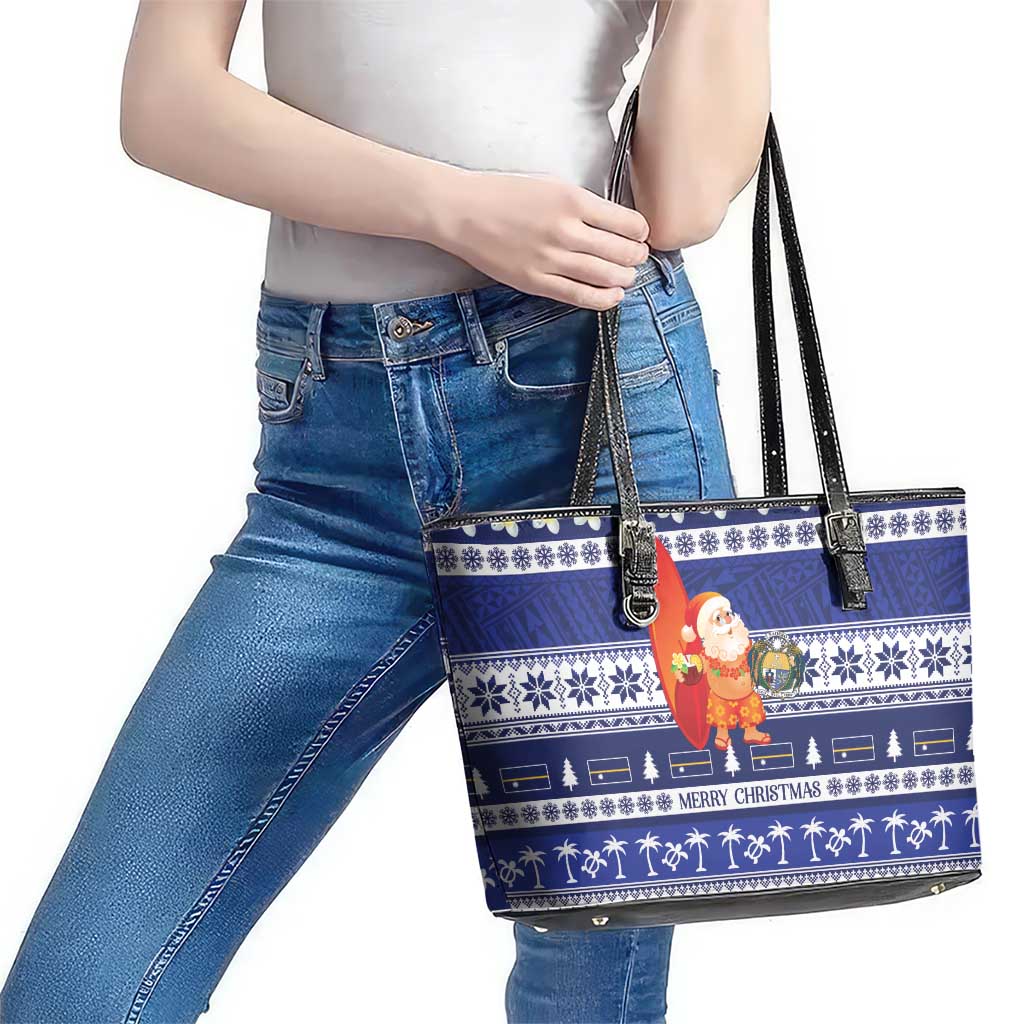 Nauru Christmas Leather Tote Bag Cute Santa Coat Of Arms Merry Xmas LT14 - Polynesian Pride