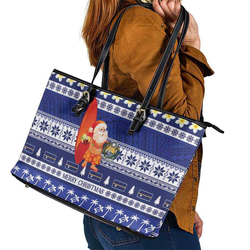 Nauru Christmas Leather Tote Bag Cute Santa Coat Of Arms Merry Xmas LT14 - Polynesian Pride