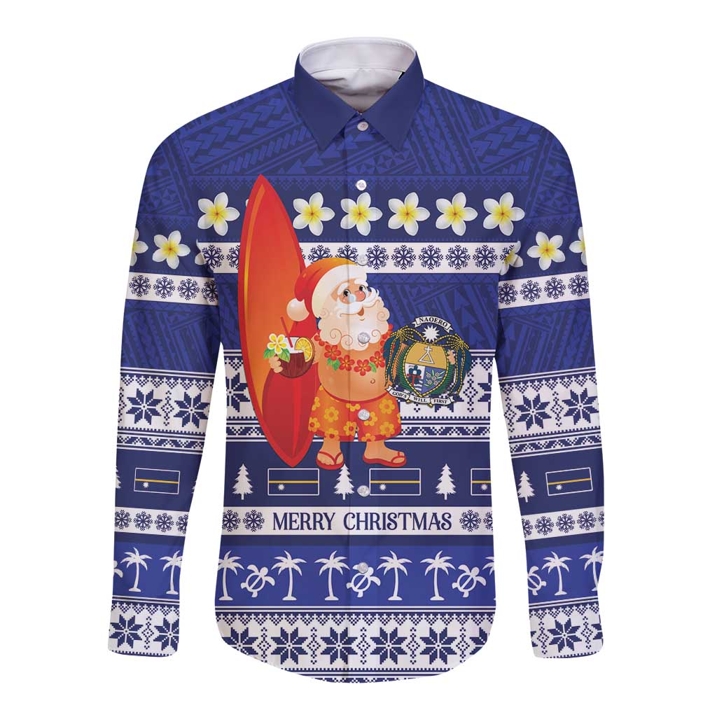 Nauru Christmas Long Sleeve Button Shirt Cute Santa Coat Of Arms Merry Xmas LT14 Unisex Navy Blue - Polynesian Pride