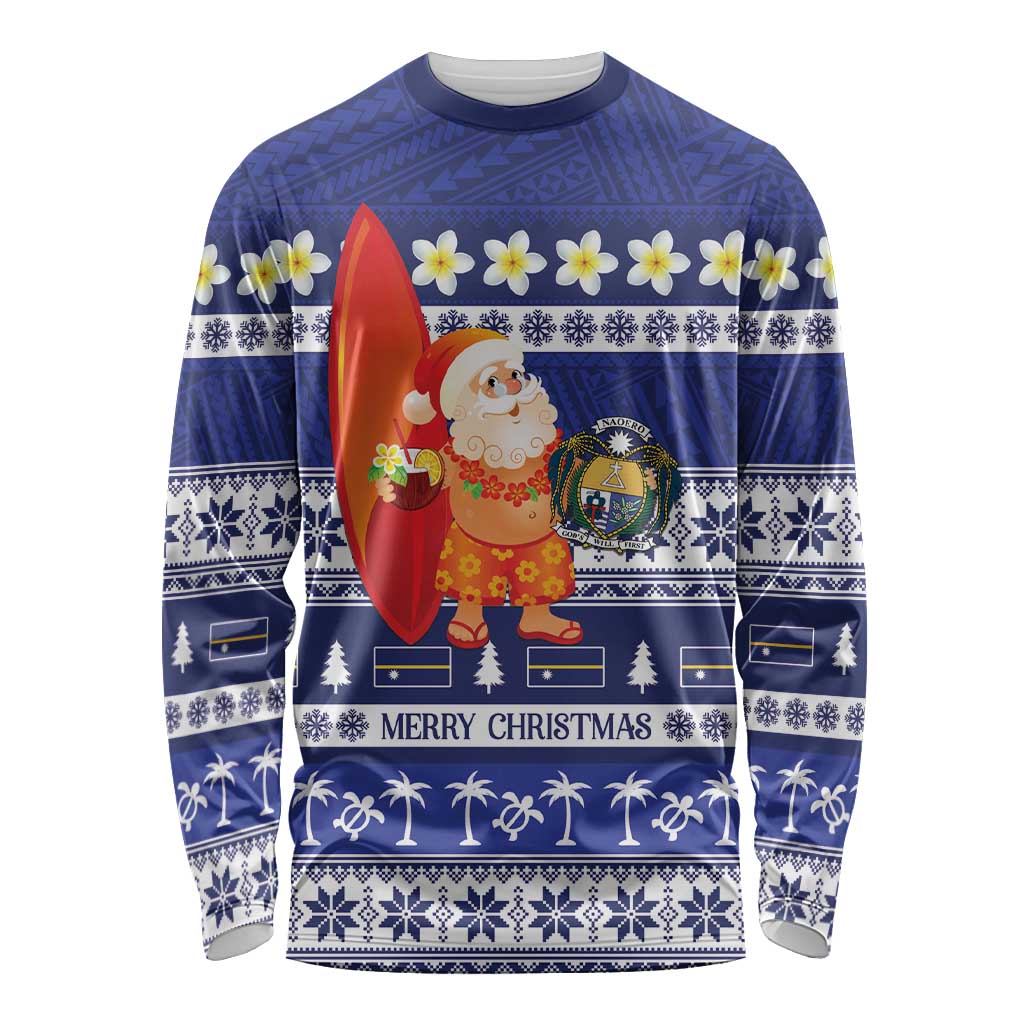 Nauru Christmas Long Sleeve Shirt Cute Santa Coat Of Arms Merry Xmas LT14 Unisex Navy Blue - Polynesian Pride