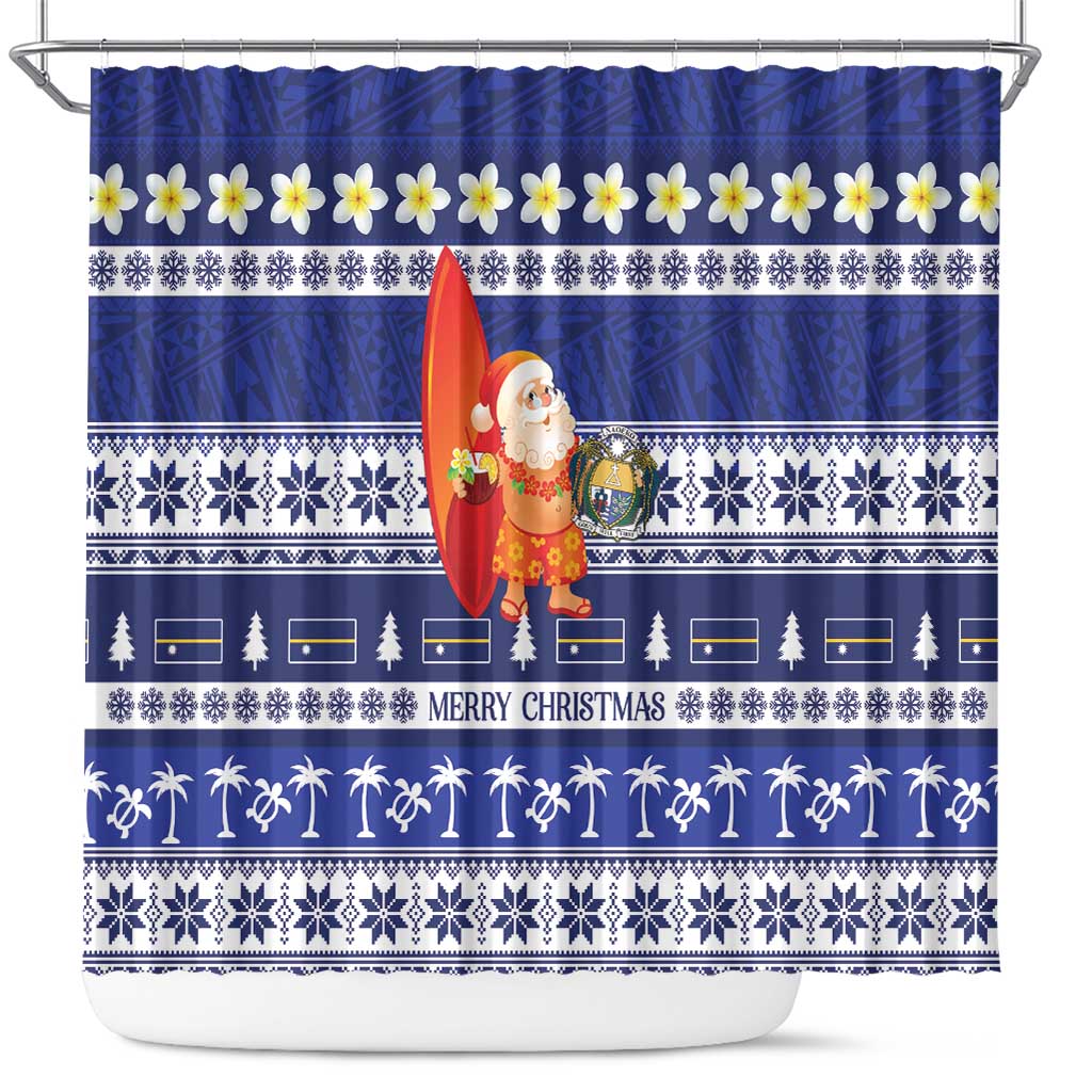Nauru Christmas Shower Curtain Cute Santa Coat Of Arms Merry Xmas LT14 Navy Blue - Polynesian Pride