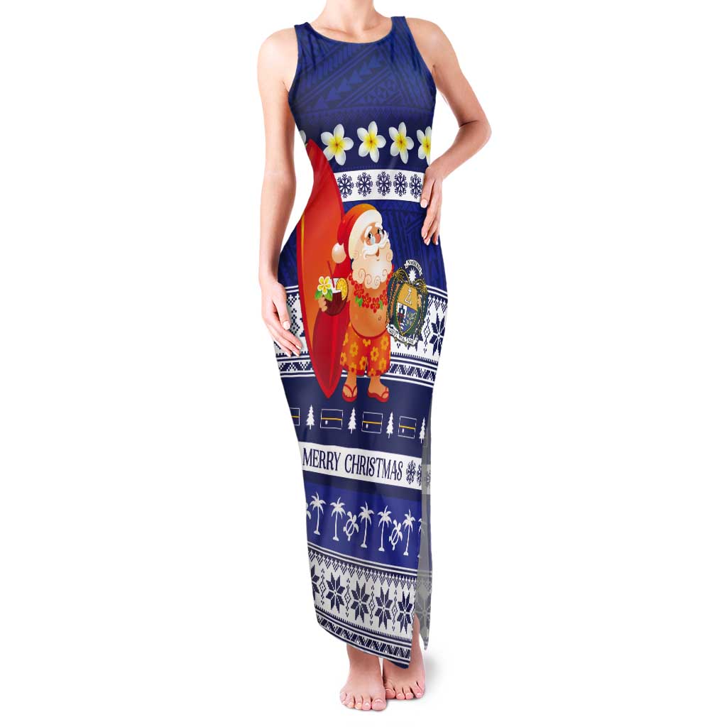 Nauru Christmas Tank Maxi Dress Cute Santa Coat Of Arms Merry Xmas LT14 Women Navy Blue - Polynesian Pride