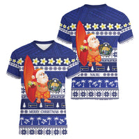 Nauru Christmas Women V-Neck T-Shirt Cute Santa Coat Of Arms Merry Xmas LT14 - Polynesian Pride