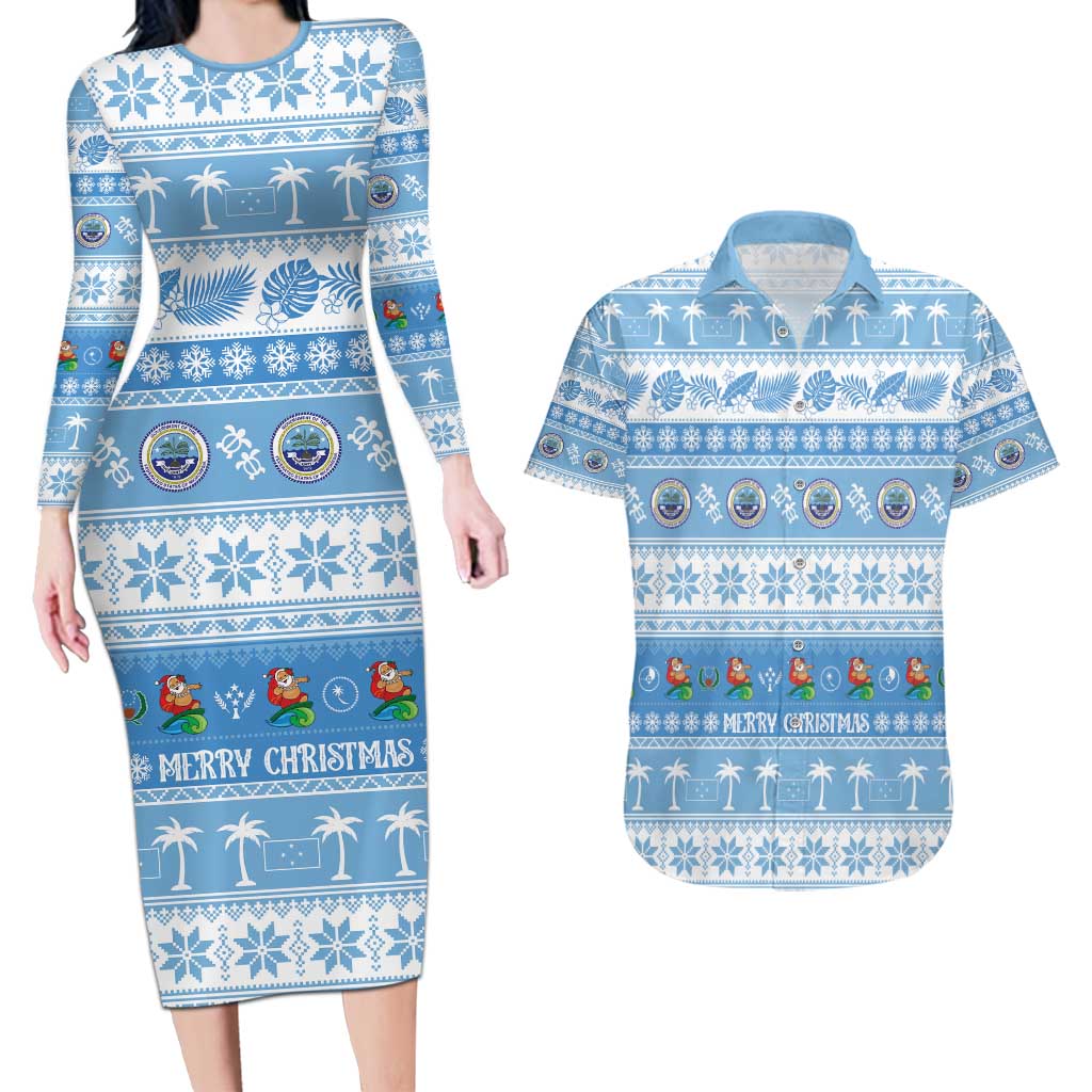 FSM Christmas Couples Matching Long Sleeve Bodycon Dress and Hawaiian Shirt Merry Xmas Federated States of Micronesia - Polynesian Pride