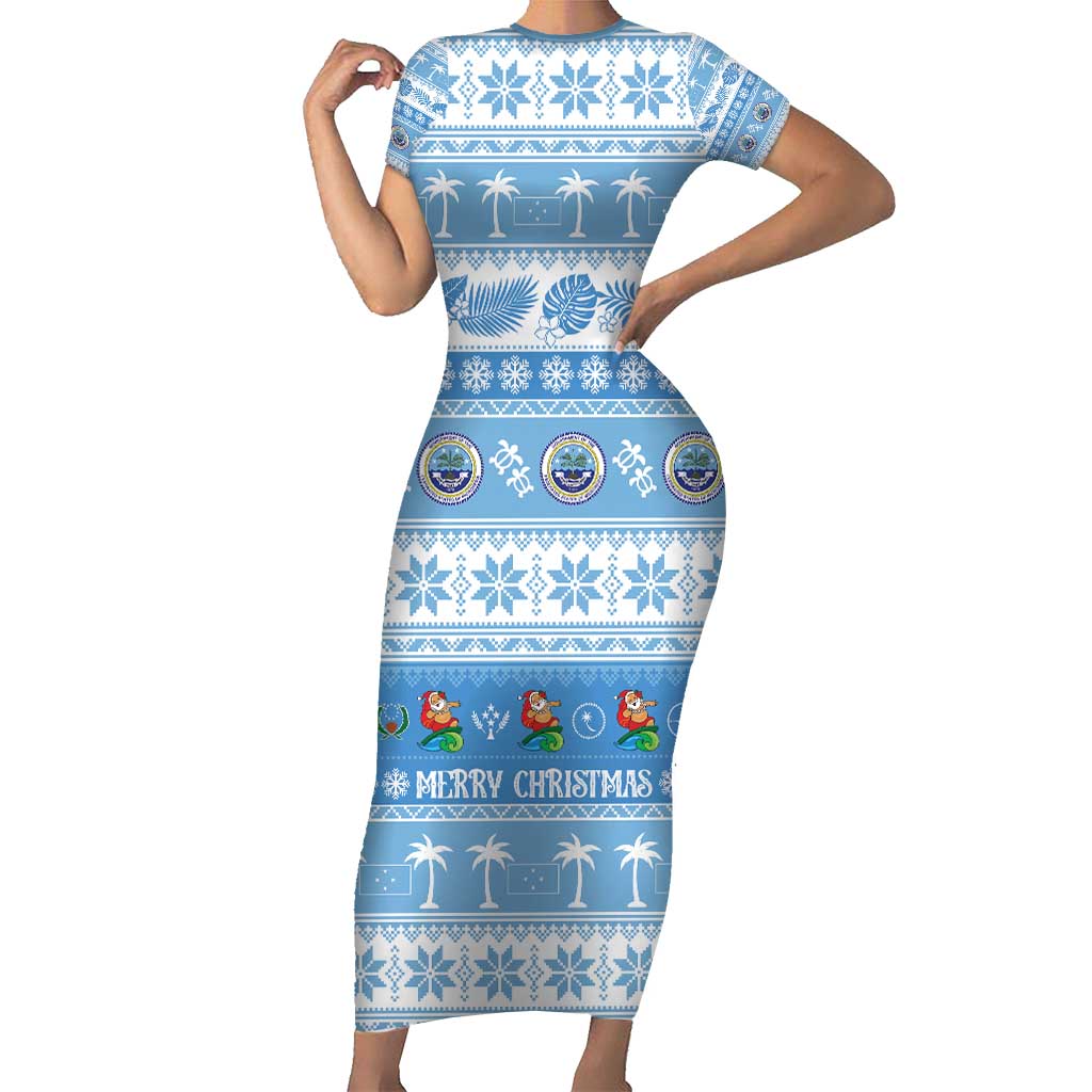 FSM Christmas Short Sleeve Bodycon Dress Merry Xmas Federated States of Micronesia LT14 Long Dress Blue - Polynesian Pride