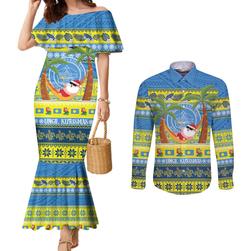 Palau Christmas Couples Matching Mermaid Dress and Long Sleeve Button Shirt Chilling Santa Ungil Kurismas LT14 Yellow - Polynesian Pride