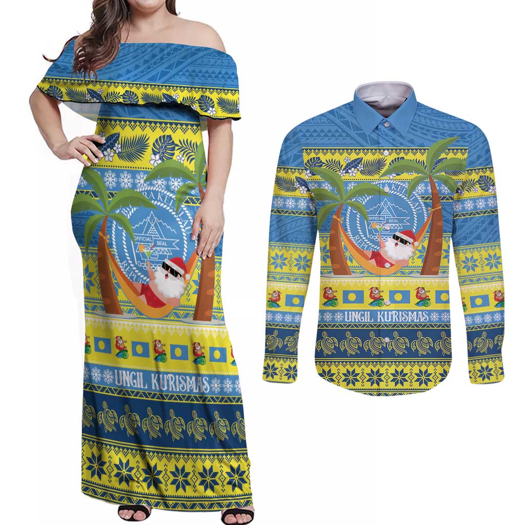 Palau Christmas Couples Matching Off Shoulder Maxi Dress and Long Sleeve Button Shirt Chilling Santa Ungil Kurismas LT14 Yellow - Polynesian Pride