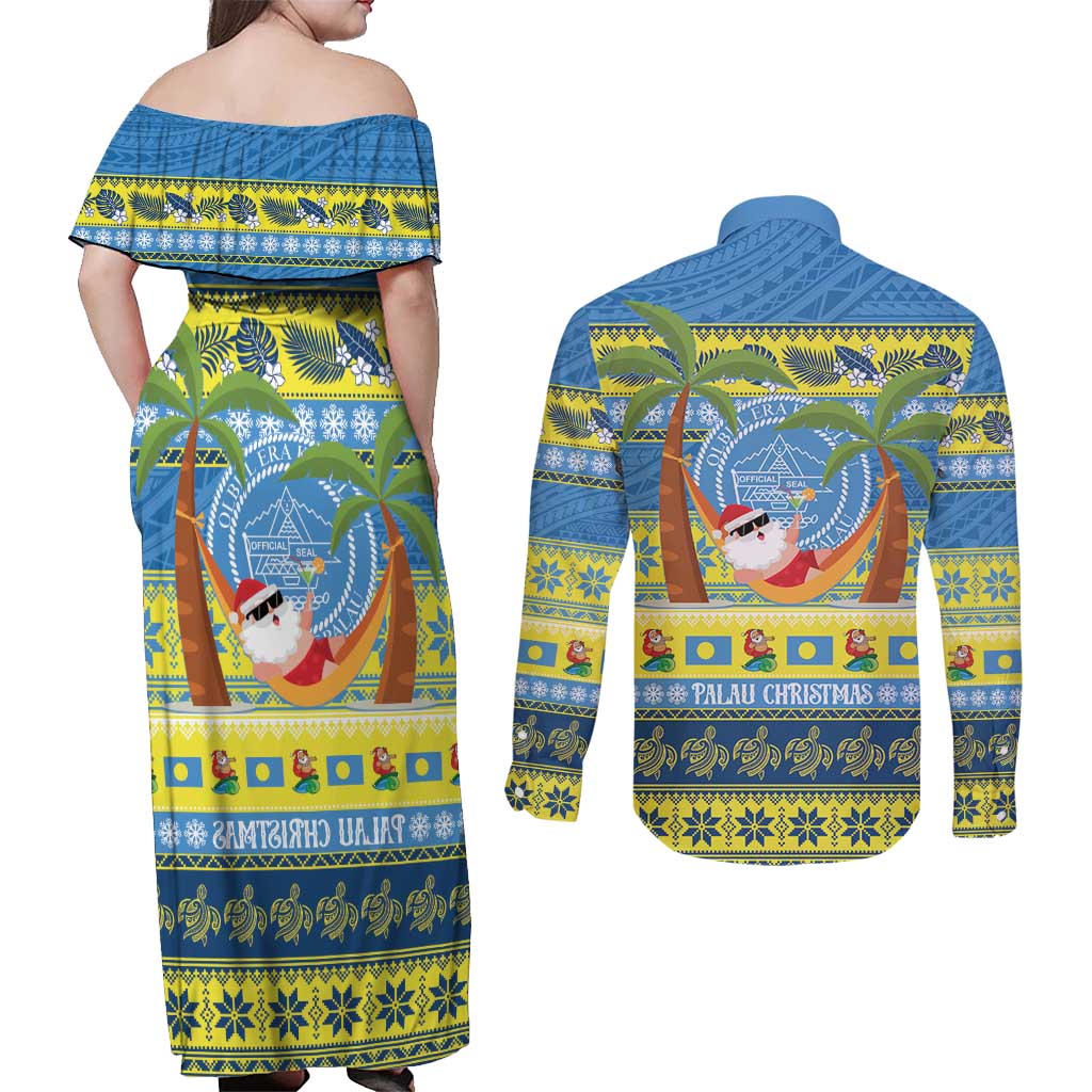 Palau Christmas Couples Matching Off Shoulder Maxi Dress and Long Sleeve Button Shirt Chilling Santa Ungil Kurismas LT14 - Polynesian Pride