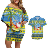 Palau Christmas Couples Matching Off Shoulder Short Dress and Hawaiian Shirt Chilling Santa Ungil Kurismas - Polynesian Pride