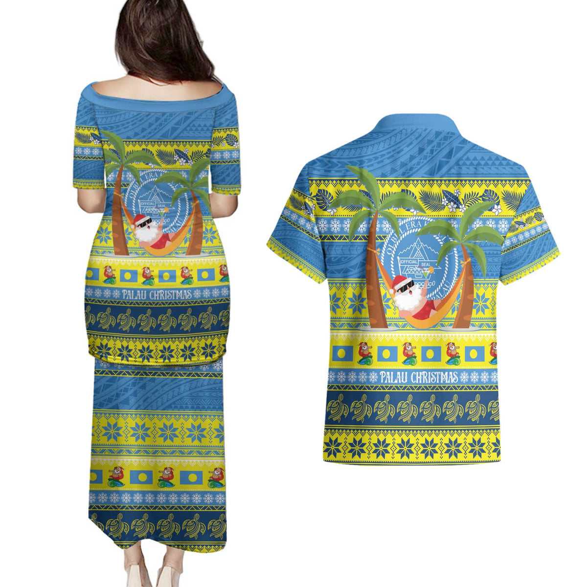 Palau Christmas Couples Matching Puletasi and Hawaiian Shirt Chilling Santa Ungil Kurismas LT14 - Polynesian Pride