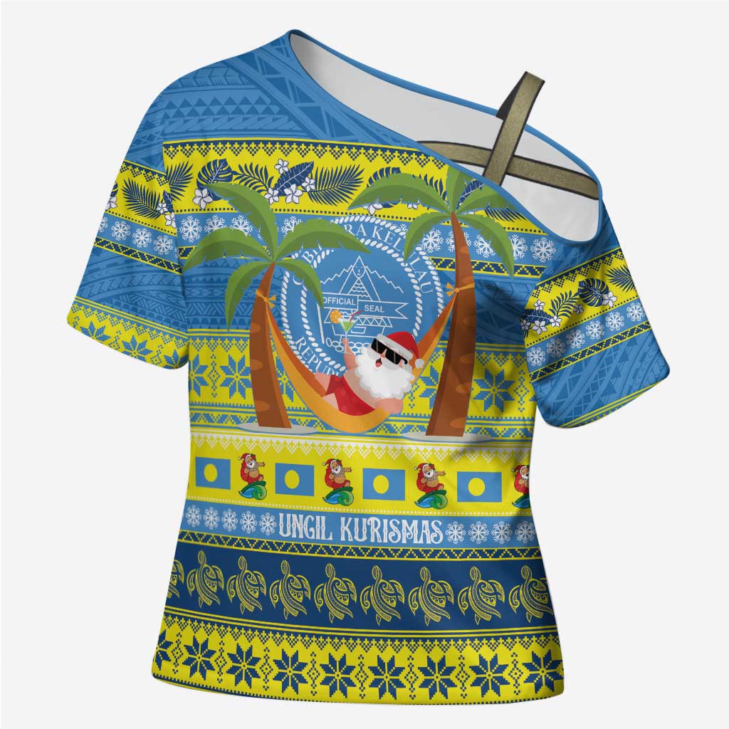 Palau Christmas Cross Shoulder Shirt Chilling Santa Ungil Kurismas - Polynesian Pride