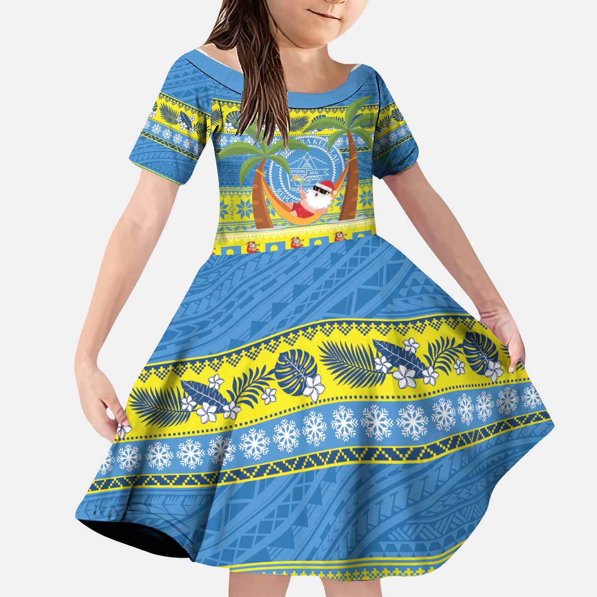 Palau Christmas Kid Short Sleeve Dress Chilling Santa Ungil Kurismas - Polynesian Pride
