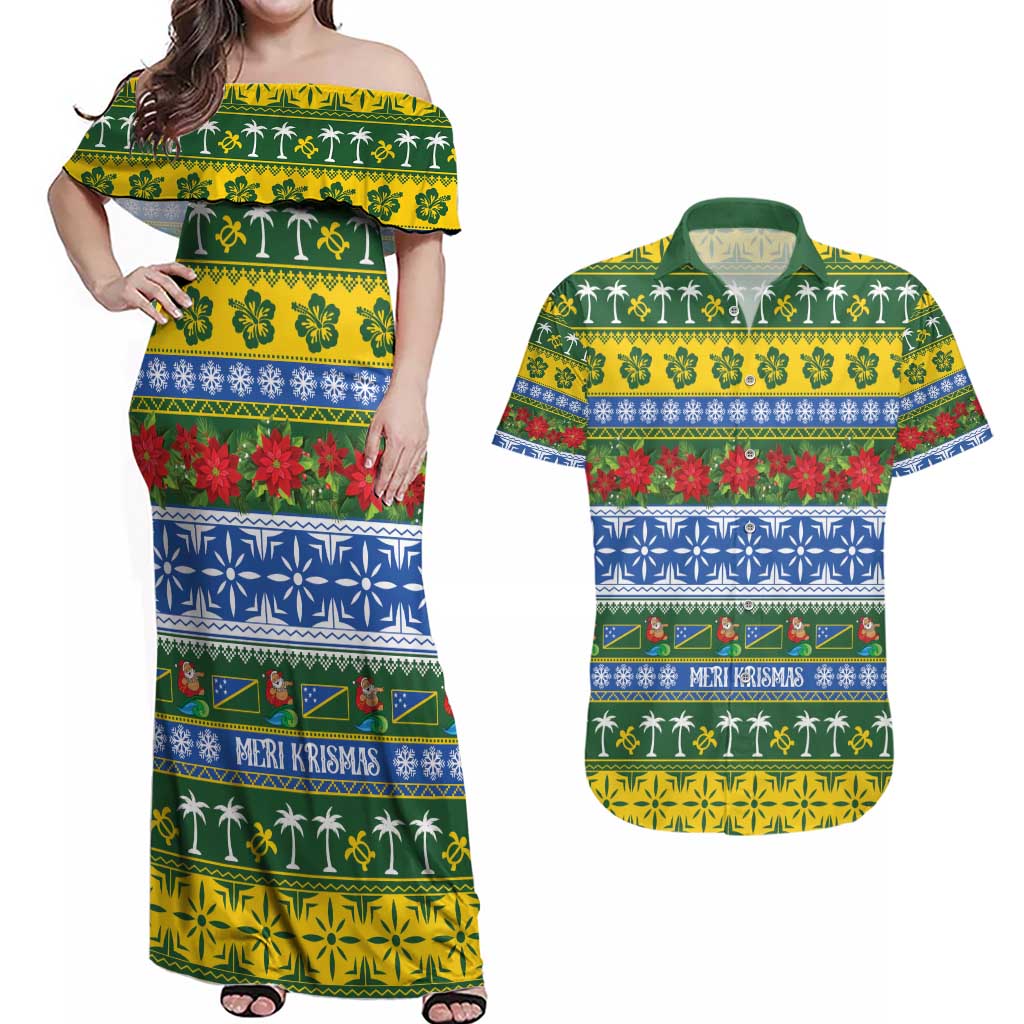 Solomon Islands Christmas Couples Matching Off Shoulder Maxi Dress and Hawaiian Shirt The Solomons Melanesian Meri Krismas - Polynesian Pride