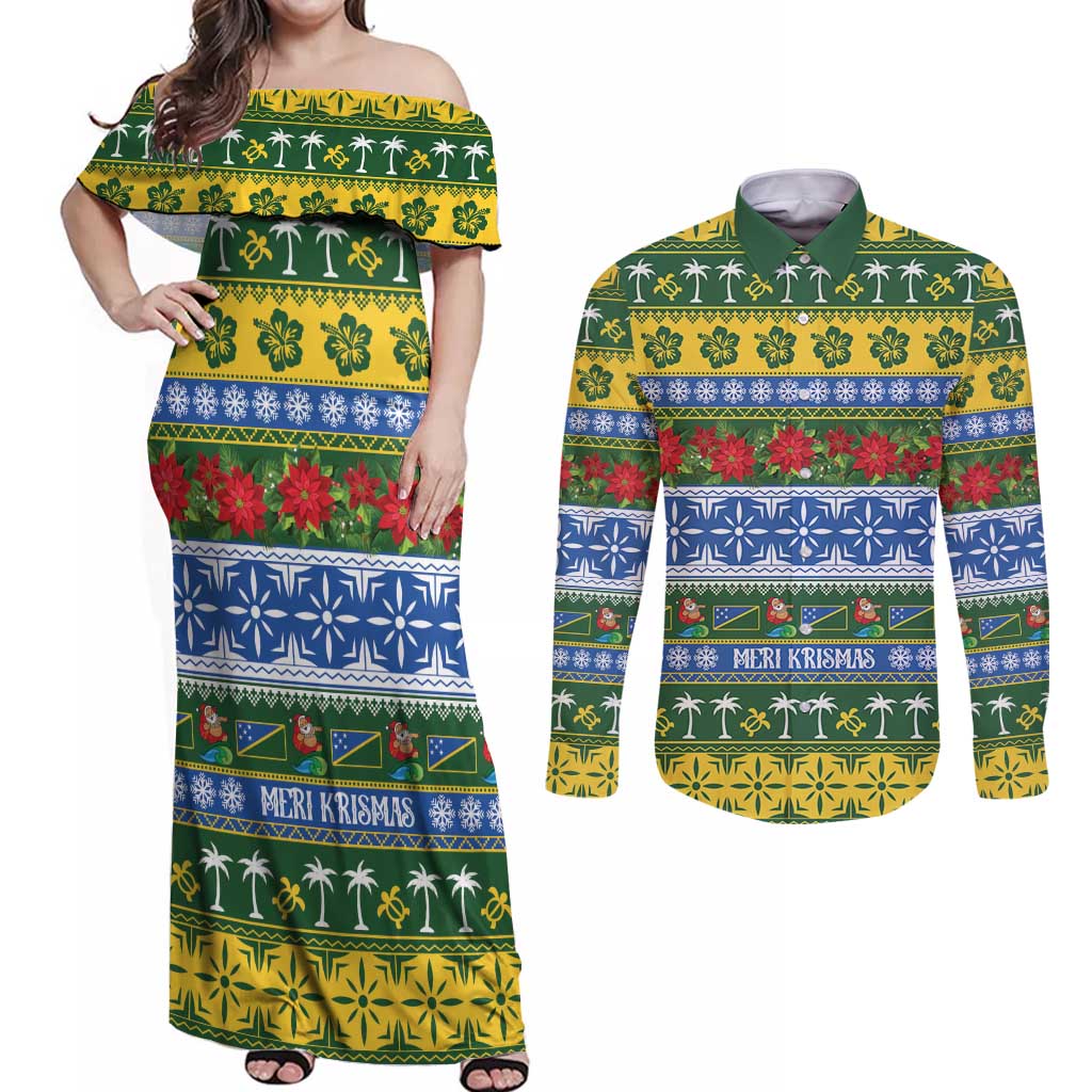 Solomon Islands Christmas Couples Matching Off Shoulder Maxi Dress and Long Sleeve Button Shirt The Solomons Melanesian Meri Krismas LT14 Green - Polynesian Pride