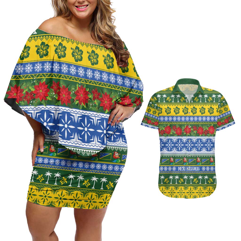 Solomon Islands Christmas Couples Matching Off Shoulder Short Dress and Hawaiian Shirt The Solomons Melanesian Meri Krismas - Polynesian Pride