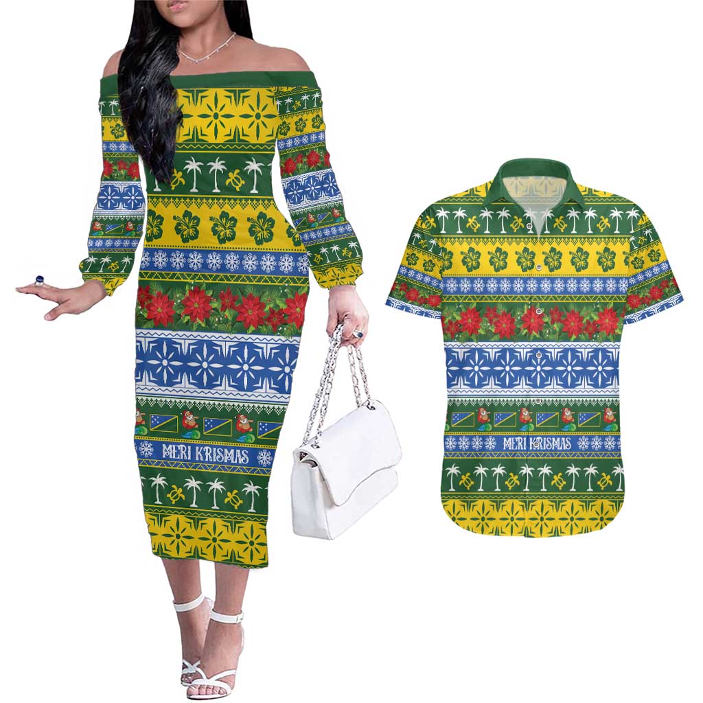 Solomon Islands Christmas Couples Matching Off The Shoulder Long Sleeve Dress and Hawaiian Shirt The Solomons Melanesian Meri Krismas - Polynesian Pride
