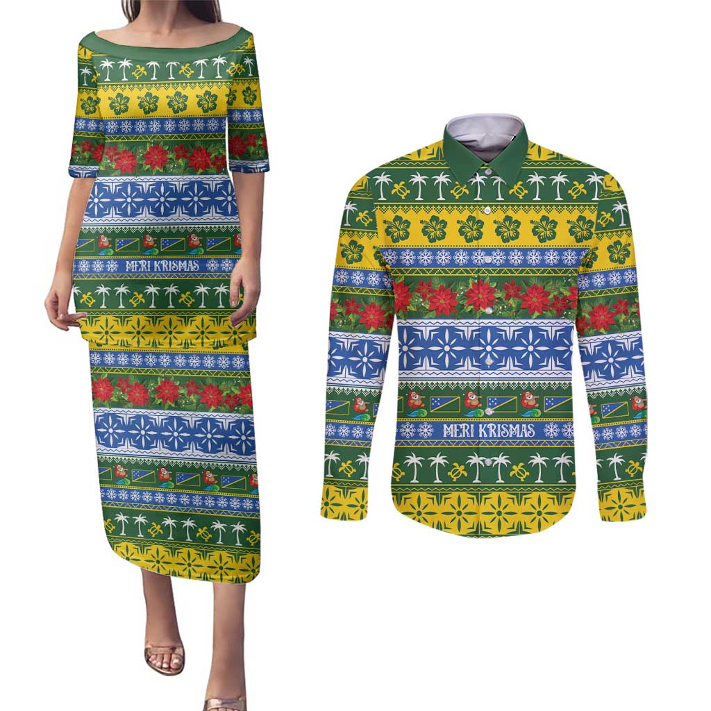Solomon Islands Christmas Couples Matching Puletasi and Long Sleeve Button Shirt The Solomons Melanesian Meri Krismas LT14 Green - Polynesian Pride