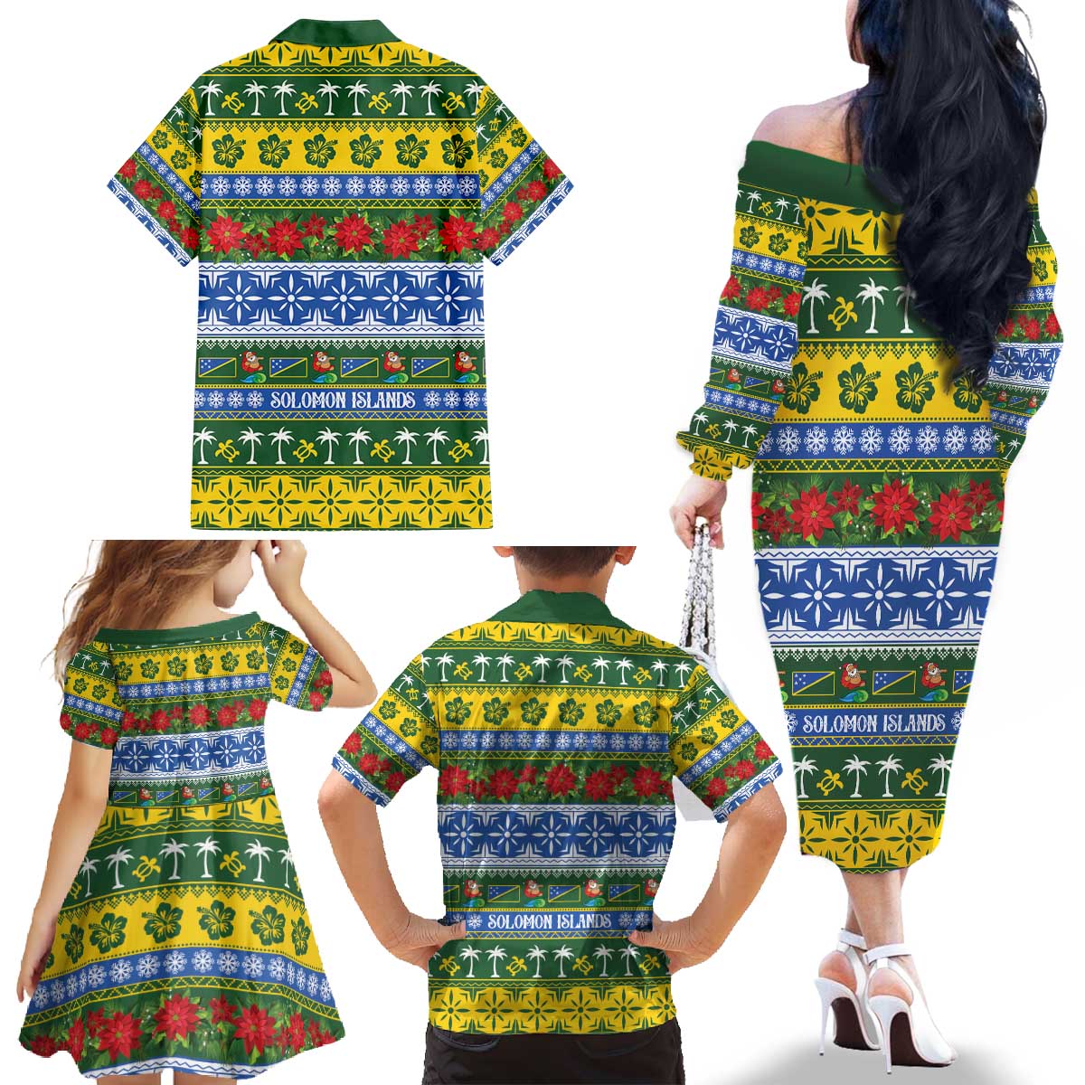 Solomon Islands Christmas Family Matching Off The Shoulder Long Sleeve Dress and Hawaiian Shirt The Solomons Melanesian Meri Krismas - Polynesian Pride