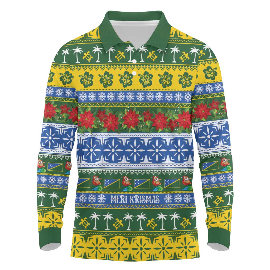 Solomon Islands Christmas Long Sleeve Polo Shirt The Solomons Melanesian Meri Krismas LT14 Green - Polynesian Pride