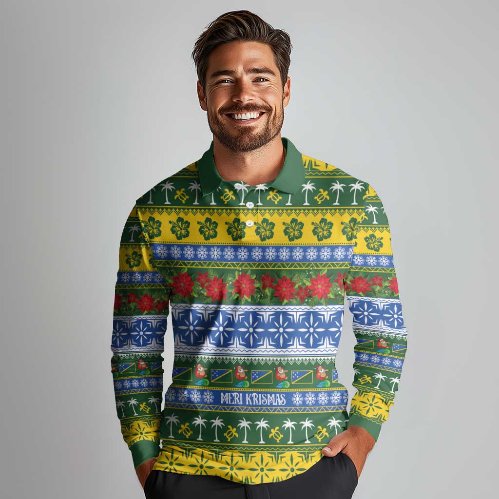 Solomon Islands Christmas Long Sleeve Polo Shirt The Solomons Melanesian Meri Krismas LT14 - Polynesian Pride