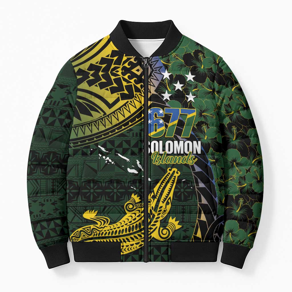 Solomon Islands Bomber Puffer Jacket 677 Proud Crocodile Melanesian Pattern LT14 Unisex Black - Polynesian Pride