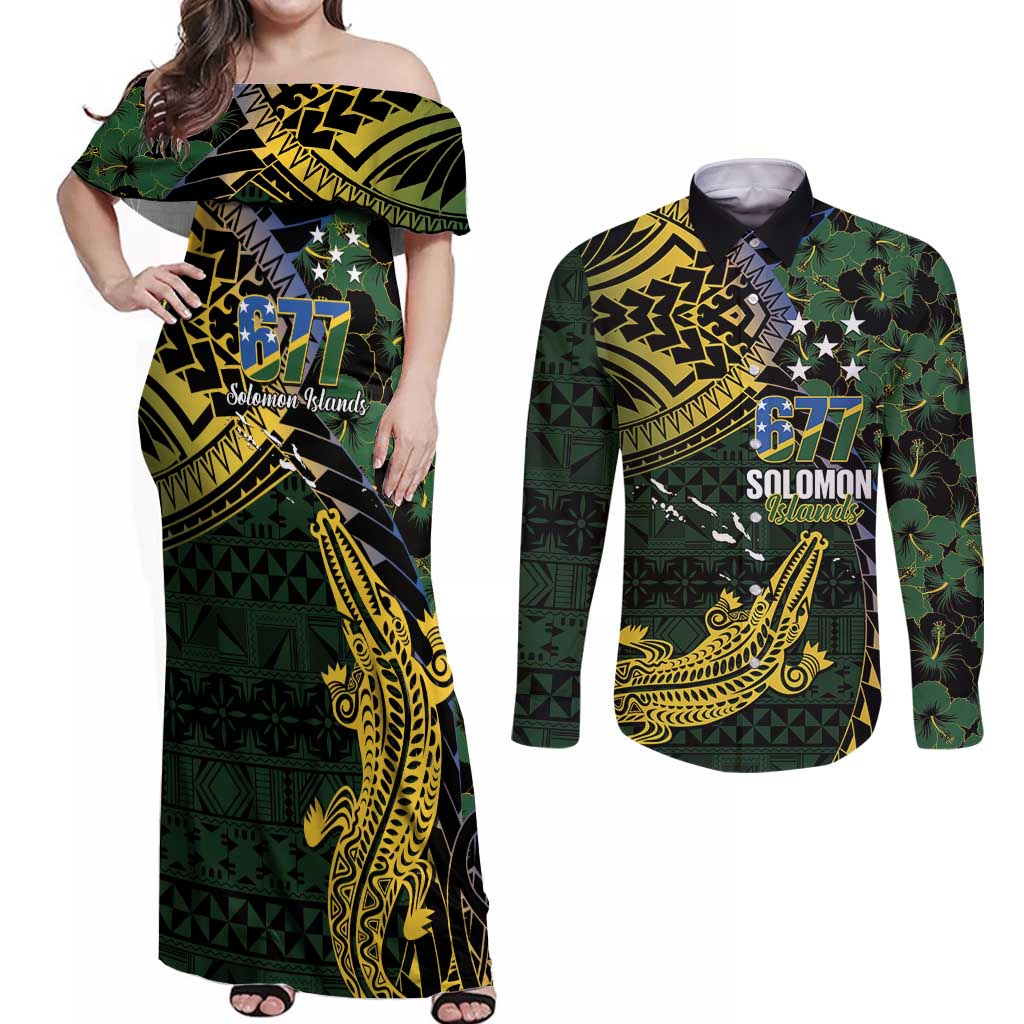 Solomon Islands Couples Matching Off Shoulder Maxi Dress and Long Sleeve Button Shirt 677 Proud Crocodile Melanesian Pattern LT14 Black - Polynesian Pride