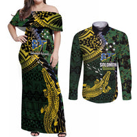 Solomon Islands Couples Matching Off Shoulder Maxi Dress and Long Sleeve Button Shirt 677 Proud Crocodile Melanesian Pattern LT14 Black - Polynesian Pride