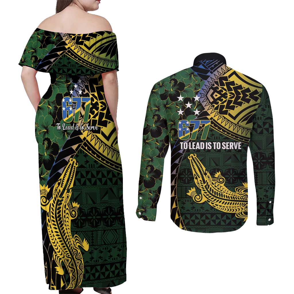 Solomon Islands Couples Matching Off Shoulder Maxi Dress and Long Sleeve Button Shirt 677 Proud Crocodile Melanesian Pattern LT14 - Polynesian Pride