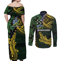 Solomon Islands Couples Matching Off Shoulder Maxi Dress and Long Sleeve Button Shirt 677 Proud Crocodile Melanesian Pattern LT14 - Polynesian Pride