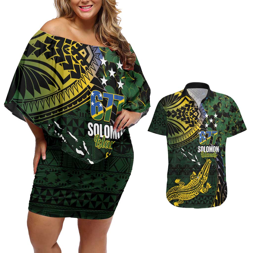 Solomon Islands Couples Matching Off Shoulder Short Dress and Hawaiian Shirt 677 Proud Crocodile Melanesian Pattern - Polynesian Pride