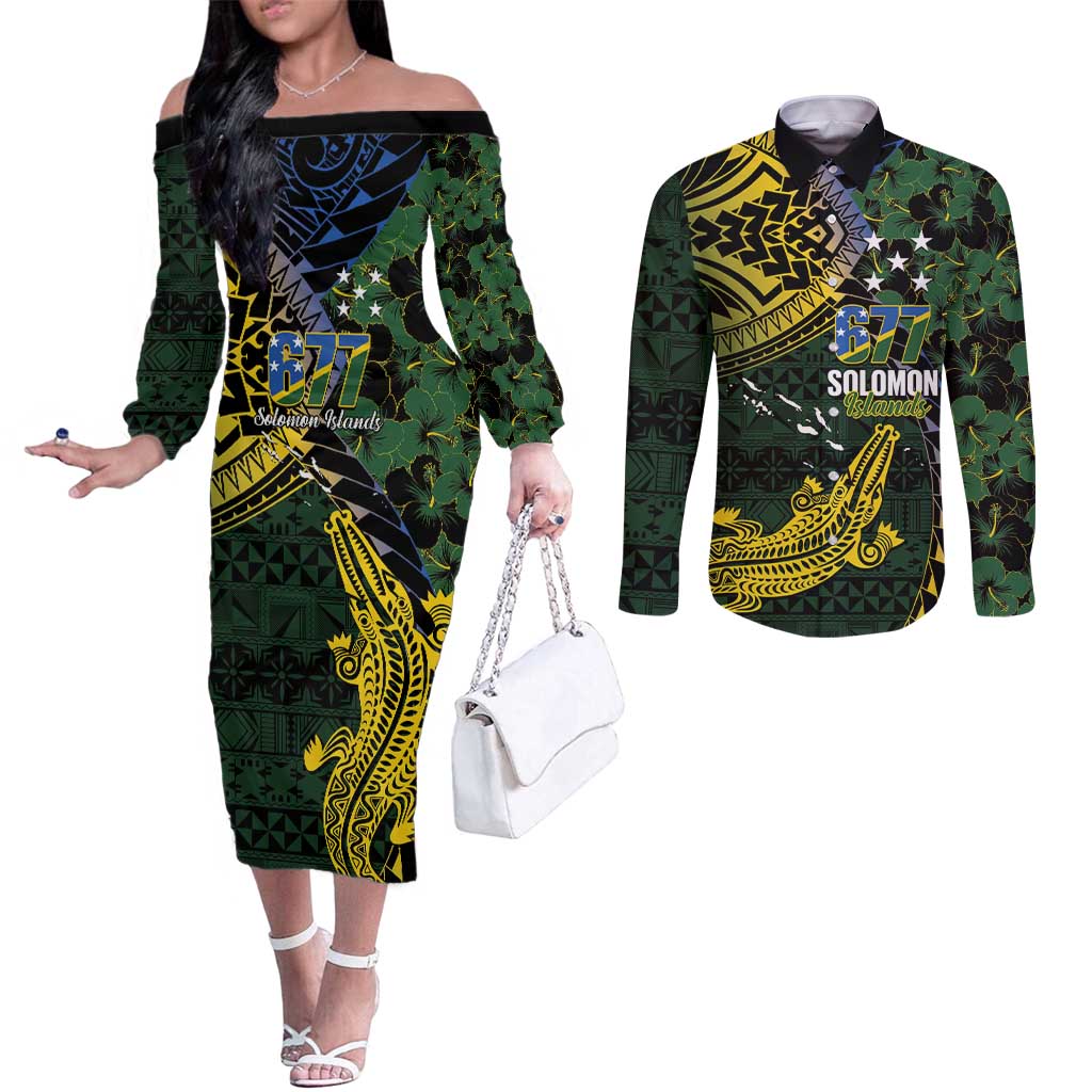 Solomon Islands Couples Matching Off The Shoulder Long Sleeve Dress and Long Sleeve Button Shirt 677 Proud Crocodile Melanesian Pattern LT14 Black - Polynesian Pride