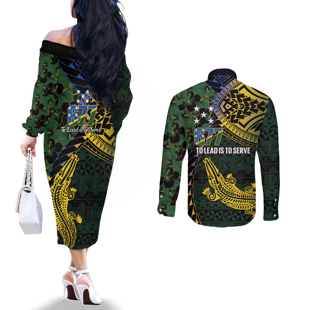 Solomon Islands Couples Matching Off The Shoulder Long Sleeve Dress and Long Sleeve Button Shirt 677 Proud Crocodile Melanesian Pattern LT14 - Polynesian Pride