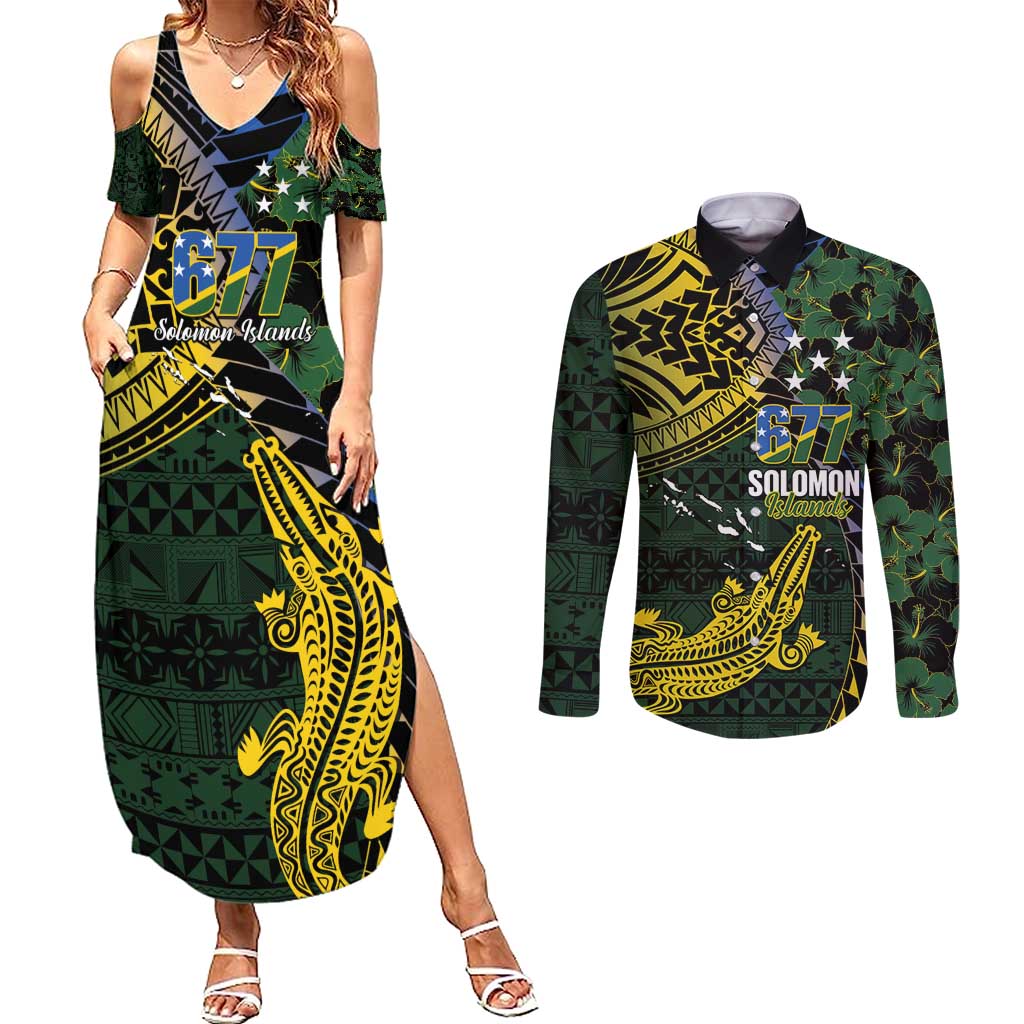 Solomon Islands Couples Matching Summer Maxi Dress and Long Sleeve Button Shirt 677 Proud Crocodile Melanesian Pattern - Polynesian Pride