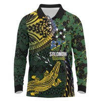 Solomon Islands Long Sleeve Polo Shirt 677 Proud Crocodile Melanesian Pattern LT14 Black - Polynesian Pride
