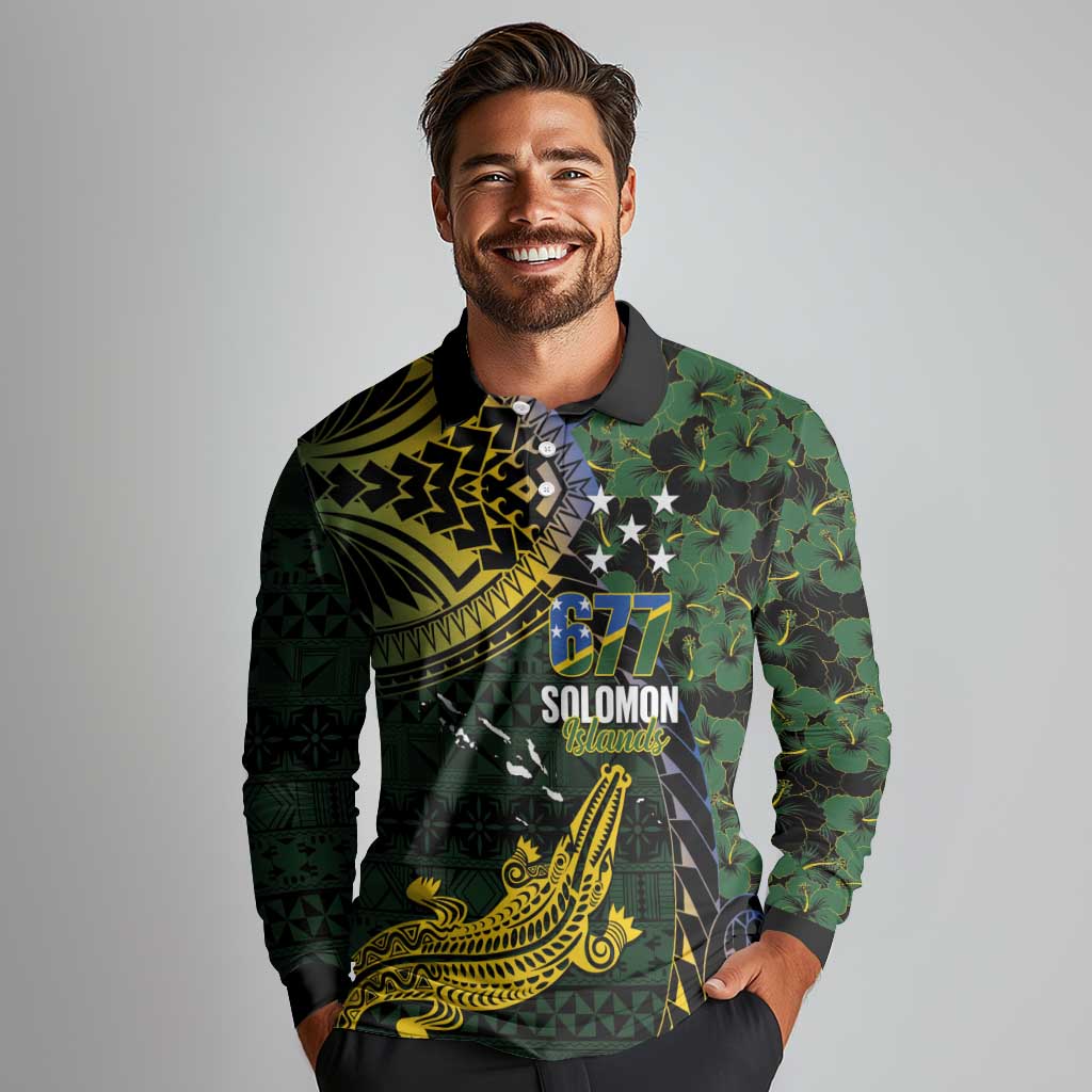 Solomon Islands Long Sleeve Polo Shirt 677 Proud Crocodile Melanesian Pattern LT14 - Polynesian Pride