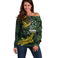 Solomon Islands Off Shoulder Sweater 677 Proud Crocodile Melanesian Pattern LT14 Women Black - Polynesian Pride